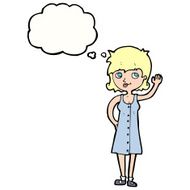cartoon pretty woman waving with thought bubble N75