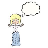 cartoon worried victorian woman with thought bubble N8
