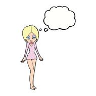 cartoon woman in short dress with thought bubble N9