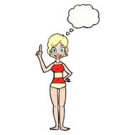 cartoon woman in striped swimsuit with thought bubble N8