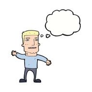 cartoon waving stressed man with thought bubble N9