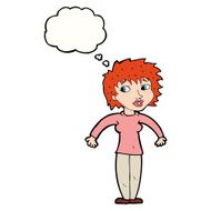 cartoon woman shrugging shoulders with thought bubble N437