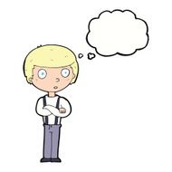 cartoon staring boy with folded arms thought bubble N9