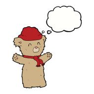 cartoon teddy bear in hat and scarf with thought bubble