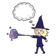 cartoon witch girl casting spell with thought bubble N16