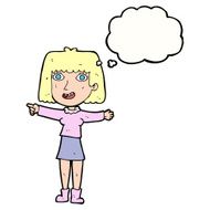 cartoon happy woman pointing with thought bubble N61