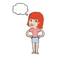 cartoon happy woman with hands on hips thought bubble N17