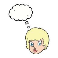 cartoon surprised female face with thought bubble N56