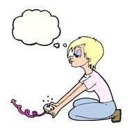 cartoon girl playing computer games with thought bubble N8