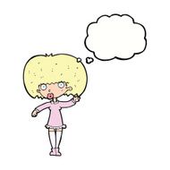cartoon waving girl with thought bubble N9