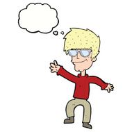 cartoon waving cool guy with thought bubble N9