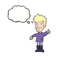 cartoon worried man giving thumbs up symbol with thought bubble N9