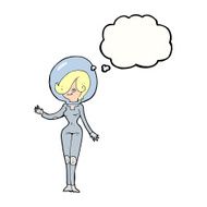cartoon space woman with thought bubble N26