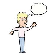 cartoon happy boy waving with thought bubble N18