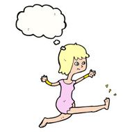 cartoon happy woman kicking with thought bubble N8