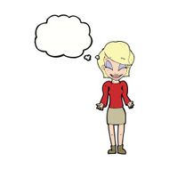 cartoon happy woman shrugging shoulders with thought bubble N18