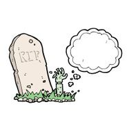 cartoon zombie rising from grave with thought bubble N5