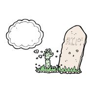 cartoon zombie rising from grave with thought bubble N6