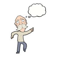 cartoon sad old man pointing with thought bubble N9