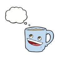 cartoon coffee mug with thought bubble
