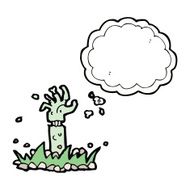 cartoon zombie arm with thought bubble