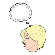 cartoon female face with narrowed eyes thought bubble N8
