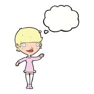 cartoon waving woman with thought bubble N128