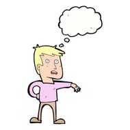 cartoon man making camp gesture with thought bubble N26