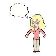 cartoon woman shrugging shoulders with thought bubble N438