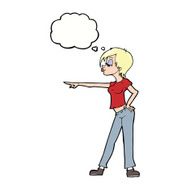 cartoon hip woman pointing with thought bubble N8