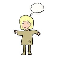cartoon woman in patched clothing with thought bubble N9