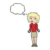 cartoon woman shrugging shoulders with thought bubble N439