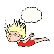 cartoon woman swimming underwater with thought bubble N9