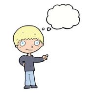cartoon happy boy pointing with thought bubble N17