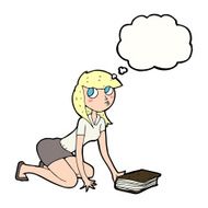 cartoon girl picking up book with thought bubble N8