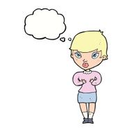 cartoon woman gesturing at self with thought bubble N26