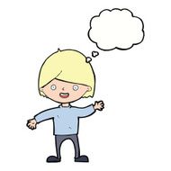cartoon waving boy with thought bubble N17