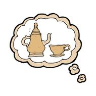 cartoon coffee pot and cup with thought bubble
