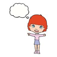 cartoon happy woman pointing with thought bubble N62
