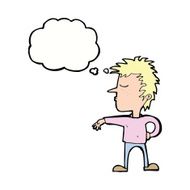 cartoon man making camp gesture with thought bubble N27