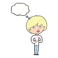 cartoon woman making Who Me? gesture with thought bubble N41