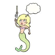 cartoon mermaid and fish hook with thought bubble N8