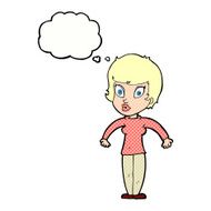 cartoon woman shrugging shoulders with thought bubble N441