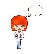 cartoon woman gesturing at herself with thought bubble N10