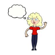 cartoon worried woman waving with thought bubble N17