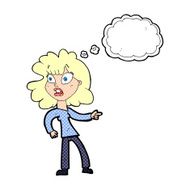 cartoon worried woman pointing with thought bubble N10
