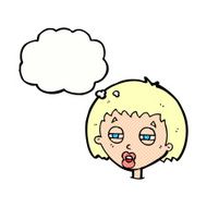 cartoon woman narrowing eyes with thought bubble N10