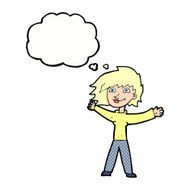 cartoon excited woman waving with thought bubble N10