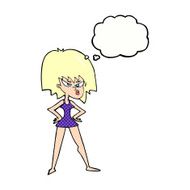 cartoon angry woman in dress with thought bubble N8