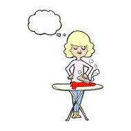 cartoon woman ironing with thought bubble N7